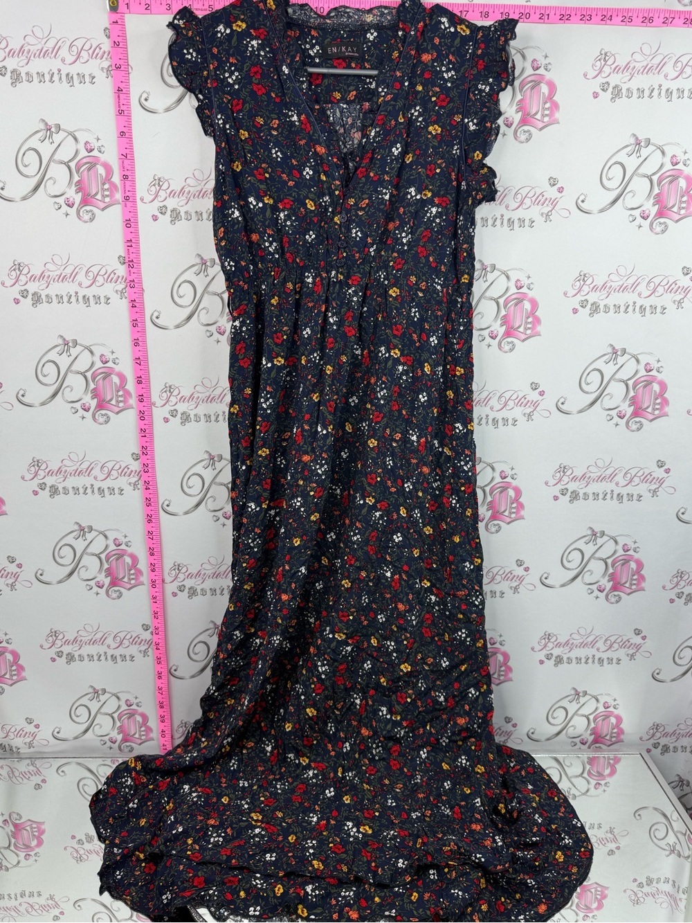Enkay dress long flowers ruffles frilly Navy Floral Maxi Dress